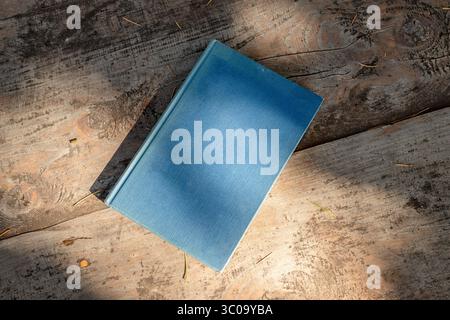 A blank blue book cover mockup rests on a rustic wooden table in the dappled sunlight, creating a perfect template and background with copy space for Stock Photo