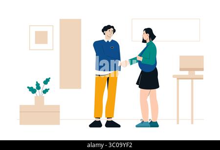 Man and woman shaking hands after reaching an agreement in modern office. Successful negotiation and partnership. Trustful business tone. Great for HR Stock Vector