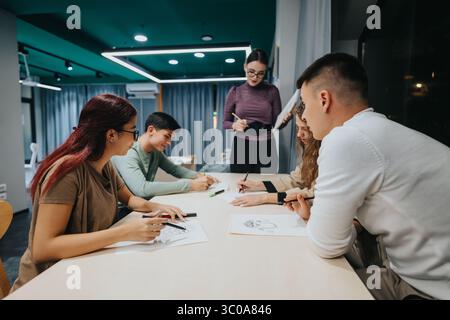 Group of students collaborating in a modern classroom setting Stock Photo