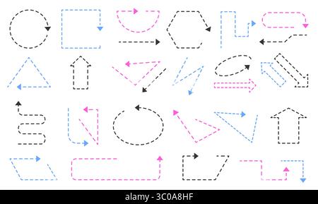 Dash line arrows. Dotted sketchy direction arrow marks, simple curved straight arrowed pointers and dynamic movement signs. Vector dashed arrows Stock Vector