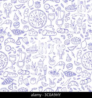 Mediterranean Seamless pattern with food and drink, beach vacation on white background. Dolce vita aesthetics. Outline blue Vintage Summer minimal bac Stock Vector