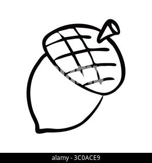 A hand-drawn black and white cartoon style illustration of an acorn, suitable for kids' educational, creative, and fun design projects. Vector illustr Stock Vector