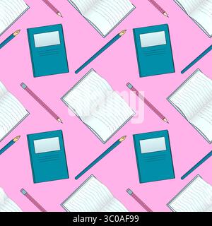 Seamless pattern with cartoon notebook, pen, and pencil flat vector illustration on pink background. For back to school theme, school supplies or stat Stock Vector