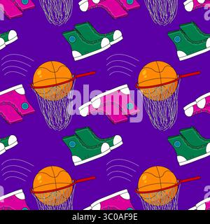 Seamless pattern with basketball shoes, or sneakers, and ball in hoop on violet background. For back to school or sporty kids theme, school supplies o Stock Vector