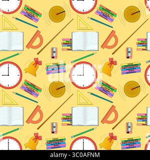 Seamless pattern with school supplies, wall clock, book, pencil, bell, and geometry tools on yellow background. For back to school theme, school stati Stock Vector