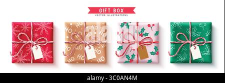 Printed Gift Boxes Vector Set Design. Colorful Printed Gift Boxes for birthday, wedding and anniversary surprise collection. Vector illustration reali Stock Vector