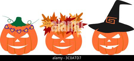Pumpkins in Hearts and Autumn leaves Wreath and in Witch Hat Cute Autumn Holidays Characters Set. Isolated Vector illustration Sticker Icon Halloween Related content Greeting Cards, leaflet, post, tag Stock Vector