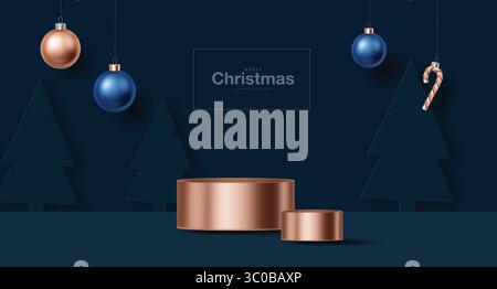 Podium Christmas. Gold Podium for Product Display Presentation with Christmas Tree. Gold Podium Platform to Show Product on Dark Blue Background. Merr Stock Vector