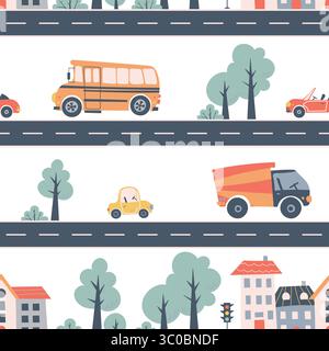 Kids seamless pattern with car, bus and road. Perfect for fabric , digital paper, cards Stock Vector