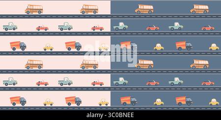 Kids seamless pattern with car, bus and road. Perfect for fabric , digital paper, cards Stock Vector