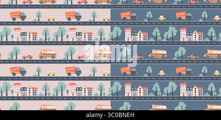 Kids seamless pattern with car, bus and road. Perfect for fabric , digital paper, cards Stock Vector