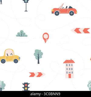 Kids seamless pattern with car, bus and road. Perfect for fabric , digital paper, cards Stock Vector