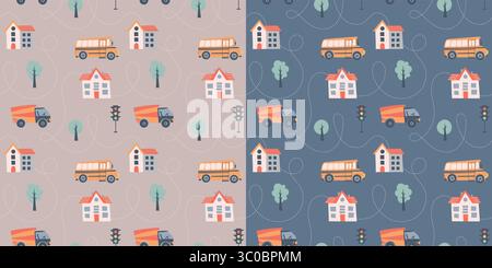 Kids seamless pattern with car, bus and road. Perfect for fabric , digital paper, cards Stock Vector