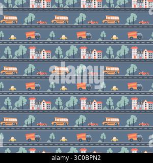 Kids seamless pattern with car, bus and road. Perfect for fabric , digital paper, cards Stock Vector