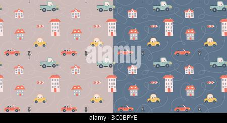 Kids seamless pattern with car, bus and road. Perfect for fabric , digital paper, cards Stock Vector