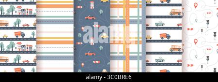 Kids seamless pattern with car, bus and road. Perfect for fabric , digital paper, cards Stock Vector