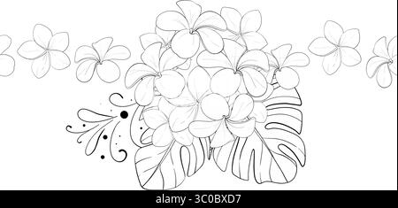 Vector simple tropical seamless summer border, pattern with flowers plumeria. Frangipania. Hand drawn graphic ornament. Black circuit silhouette Stock Vector