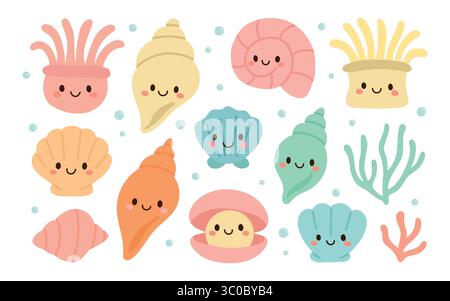 Happy sea creatures including clams, coral, and bubbles in pastel colors form a kawaii underwater illustration set perfect for kids graphics, stickers Stock Vector