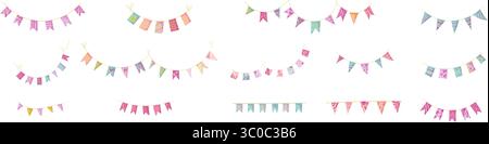 Bunting garland doodle set. Doodle birthday garland of flags. Festival or Christmas party bunting border decoration Stock Vector