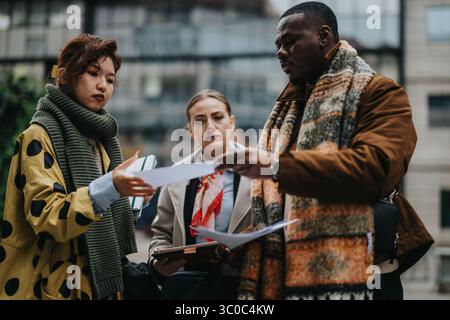 Multiracial Team Collaborating and Discussing Documents Outdoors in an Urban Setting Stock Photo