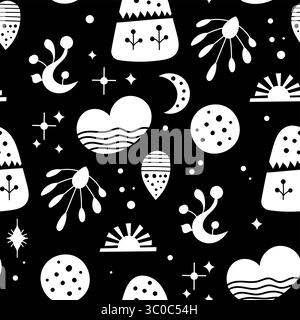 Seamless neo folk art vector pattern with mountains, moon and flowers, black and white floral design. Neo folk style endless background perfect for te Stock Vector