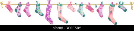 Clothesline socks. Socks on a rope, Baby socks with patterns vector cartoon Stock Vector
