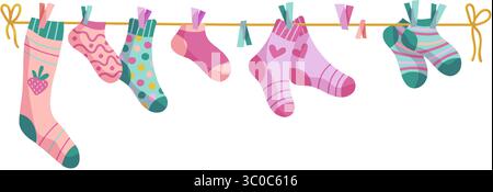 Clothesline socks. Socks on a rope, Baby socks with patterns vector cartoon Stock Vector