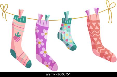 Clothesline socks. Socks on a rope, Baby socks with patterns vector cartoon Stock Vector