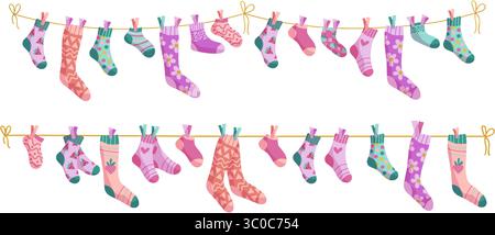 Clothesline socks illustration set. Socks on a rope, Baby socks with patterns vector cartoon Stock Vector