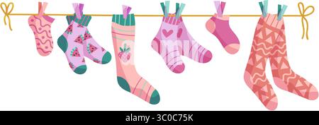 Clothesline socks. Socks on a rope, Baby socks with patterns vector cartoon Stock Vector