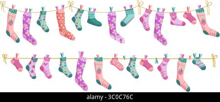 Clothesline socks illustration set. Socks on a rope, Baby socks with patterns vector cartoon Stock Vector