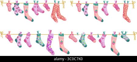 Clothesline socks illustration set. Socks on a rope, Baby socks with patterns vector cartoon Stock Vector