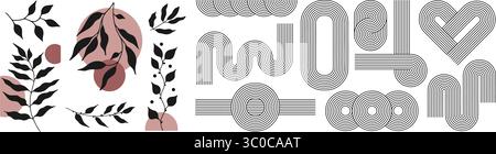 Zen arch set, simple line arch, botanical elements and geometric shapes. Geometric Japanese zen pattern minimal elements. Boho style strips Stock Vector