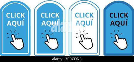 White and blue click aqui button with a hand clicking on a white background (trad. click here) Stock Vector