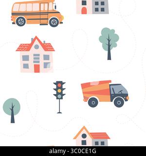 Kids seamless pattern with car, bus and road. Perfect for fabric , digital paper, cards Stock Vector