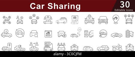 Car Sharing Editable Line Icons Set for Ride, Transport, Rental, and Mobility Services Stock Vector