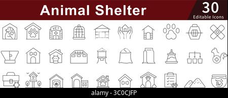 Animal Shelter Editable Line Icons Set for Pet Rescue, Adoption, Care, and Veterinary Services Stock Vector