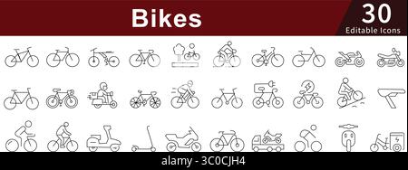 Bikes Editable Line Icons Set for Bicycle, Cycling, Sports, and Transportation Stock Vector