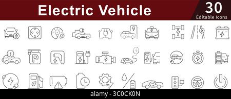 Electric Vehicle Editable Line Icons Set for EV, Car, Charging, and Green Transportation Stock Vector