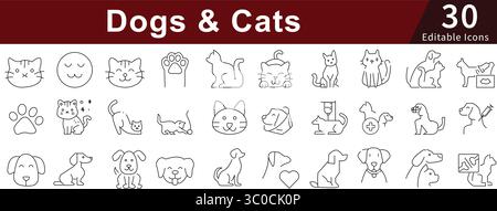 Dogs Cats Editable Line Icons Set for Pets, Animals, Veterinary, and Pet Care Services Stock Vector