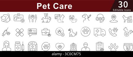 Pet Care Editable Line Icons Set for Animal, Veterinary, Health, and Pet Services Stock Vector