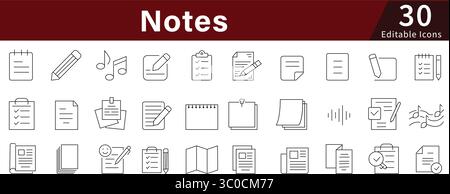 Notes Editable Line Icons Set for Documentation, Writing, Memo, and Office Organization Stock Vector