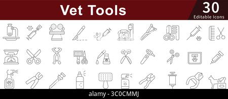 Vet Tools Editable Line Icons Set for Veterinary, Medical, Animal, and Pet Healthcare Stock Vector
