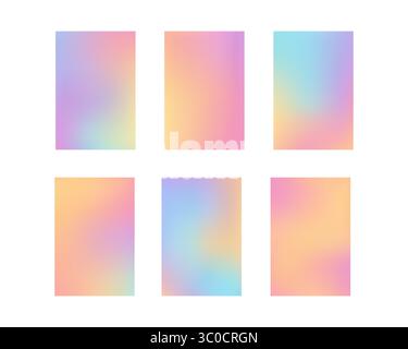 Set of six colorful pastel gradients with soft, holographic blending  perfect for trendy branding, backgrounds, or digital art. Stock Vector