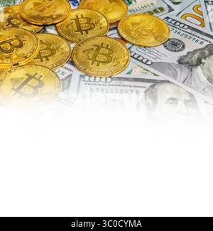 Bitcoin coins Crypto currency and paper money100 US dollar bills , virtual currency. Finance and investment concept. Stock Photo
