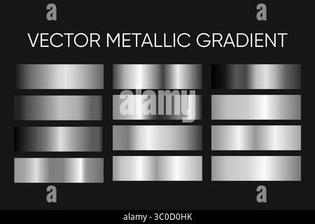Collection of reflective silver gradients with mirror like metallic effects, perfect for branding, print, product mockups, or UI design. Stock Vector