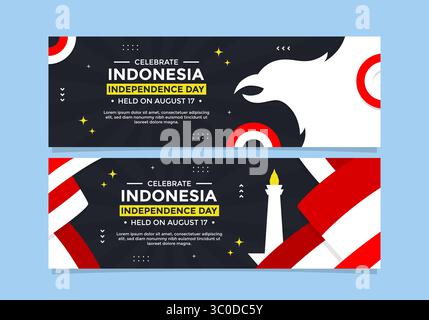 Indonesia Independence Day banner template set with Indonesian flag, national monument, and eagle perfect for advertisement, business, and  more Stock Vector