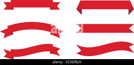 Set of six red ribbon banners with various shapes and styles. Perfect for use in banners, advertisements, certificates, and promotional designs. Stock Vector