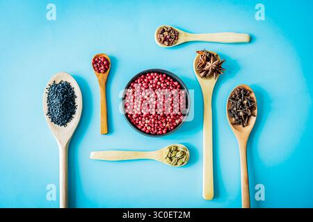 Assorted spices—pink peppercorns, cardamom, cloves, star anise, black sesame and Sichuan pepper—arranged in wooden spoons around a bowl on vivid turqu Stock Photo