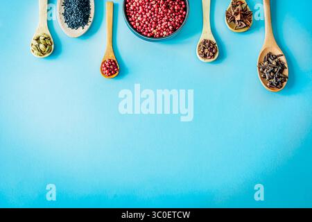 Row of wooden spoons holding black sesame, pink peppercorns, cardamom, Sichuan pepper, cloves and star anise flank a bowl of pink pepper on vivid turq Stock Photo